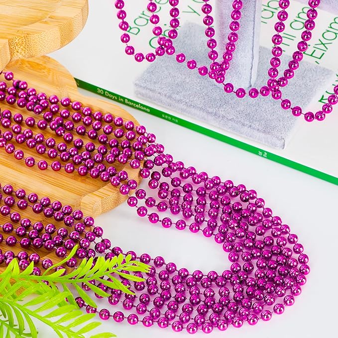 144PCS Bead Necklace, Mardi Gras Pink Bead Necklaces Party Favors, Metallic 33" Mardi Gras Round Beaded Necklace Stuff, Festival Parade Throw Accessories for Wedding Gender Reveal Party Supplies Decor