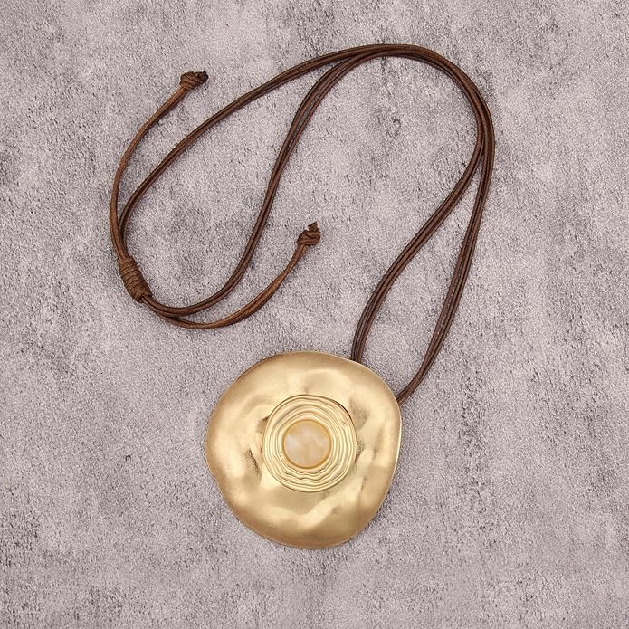 GelConnie Leather Necklace for Women Large Pendant Long Brown Necklace Circle Leather Choker Vintage Sweater Necklace Gold Chunky Boho Necklaces for Women