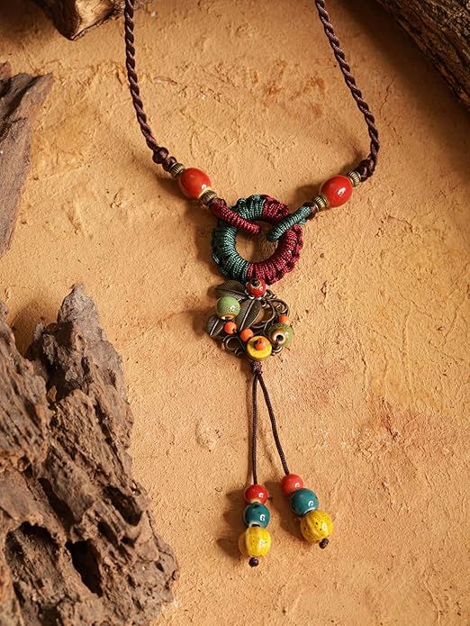 MINACHI Boho Hippie Colorful Ceramic Beads Strand O Ring Circle Charm Long Y Necklace, Vintage Bohemian Statement Jewelry Gift for Women