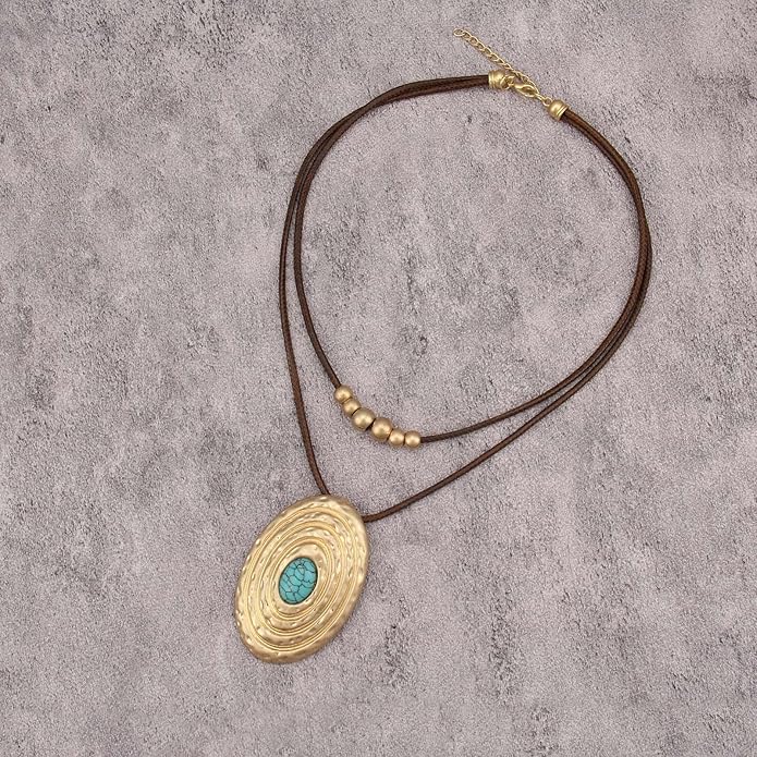 Boho Necklaces for Women Chunky Circle Necklace Layered Boho Circle Leather Choker Necklace Long Vintage Necklaces Bohemian Jewlery Gifts
