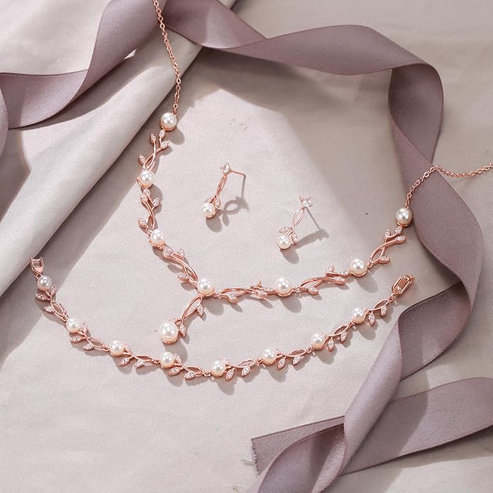 EVER FAITH Bridal Cubic Zirconia Jewelry Sets for Women, White Simulated Pearl Leaf Vine Pendant Wedding Party Necklace Earrings Set for Bridesmaid Bride