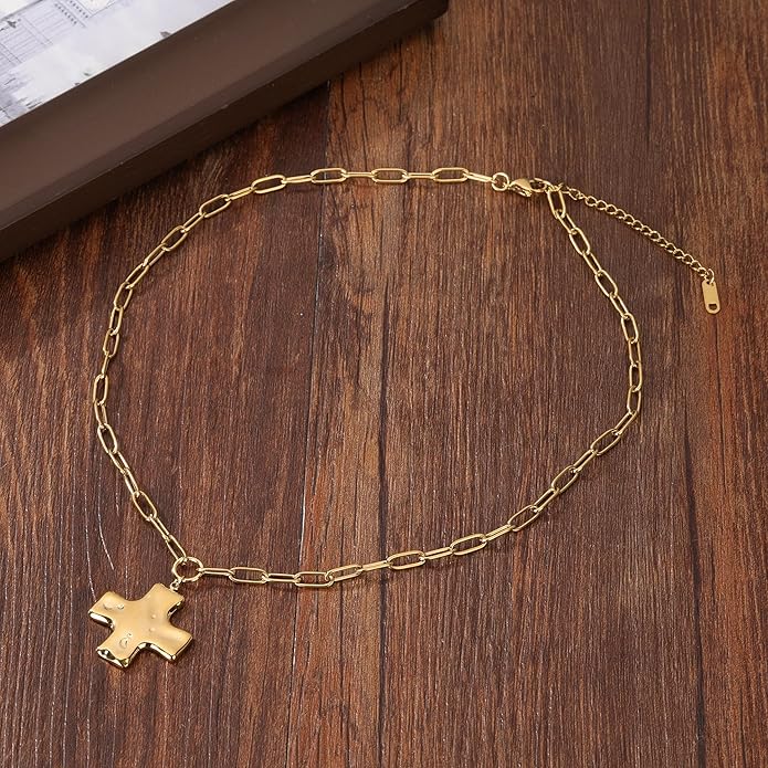 MQV Chunky Statement Gold Hammered Bold Cross Necklace Thick Chain Vintage Chain Pendant Jewelry