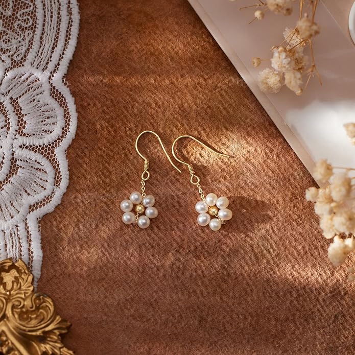 Gold Pearl Dangle Earrings for Women, 14K Gold Plated Small Pearl Drop Huggie Hoop Earrings, Hypoallergenic Dainty Gold Earrings Wedding Jewelry Gifts for Women Trendy