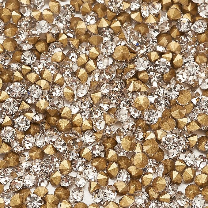 Fashewelry 2mm Pointed Back Clear Glass Rhinestone 1440Pcs Faceted Diamond Loose Stone with Golden Back Mini Crystal Diamante Gems for Nail Art Craft Replacing Jewelry