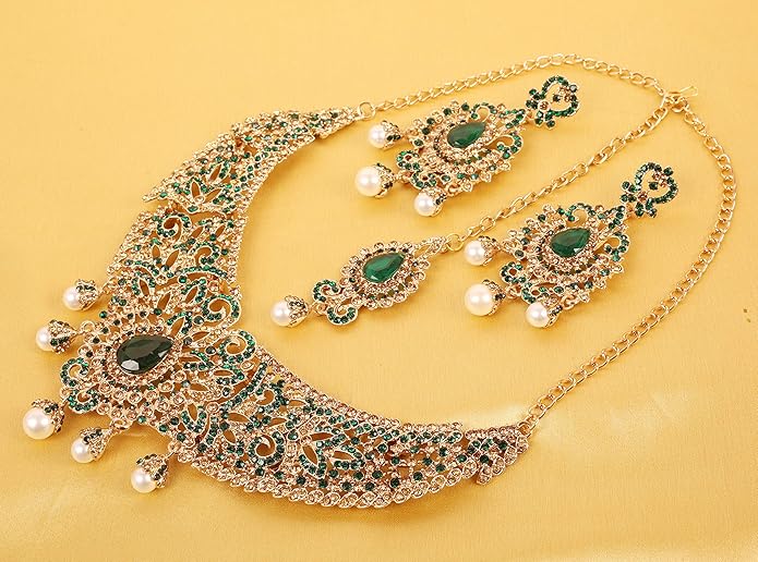 Touchstone Indian jewelry sets for women tikka wedding necklace costume guest statement bollywood rhinestones crystal faux pearls gold big royal neck piece set bridal fashion accessories