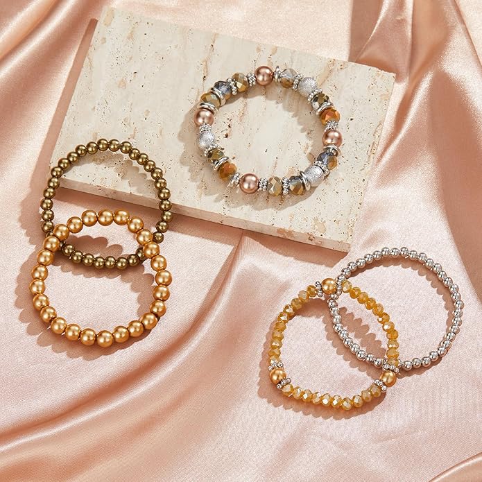 Noessla Beaded Pearl Stretch Bracelet Silver Stackable Crystal Beads Bracelets Trendy Costume Jewelry Mothers Day Gifts for Women