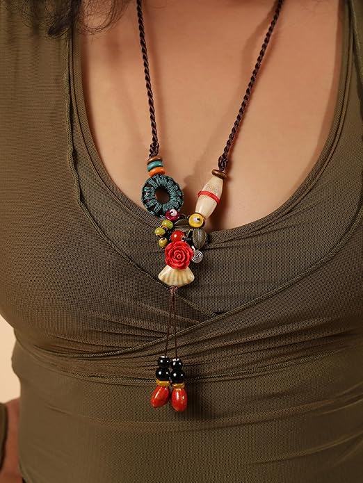 MINACHI Boho Hippie Colorful Ceramic Beads Strand O Ring Circle Charm Long Y Necklace, Vintage Bohemian Statement Jewelry Gift for Women