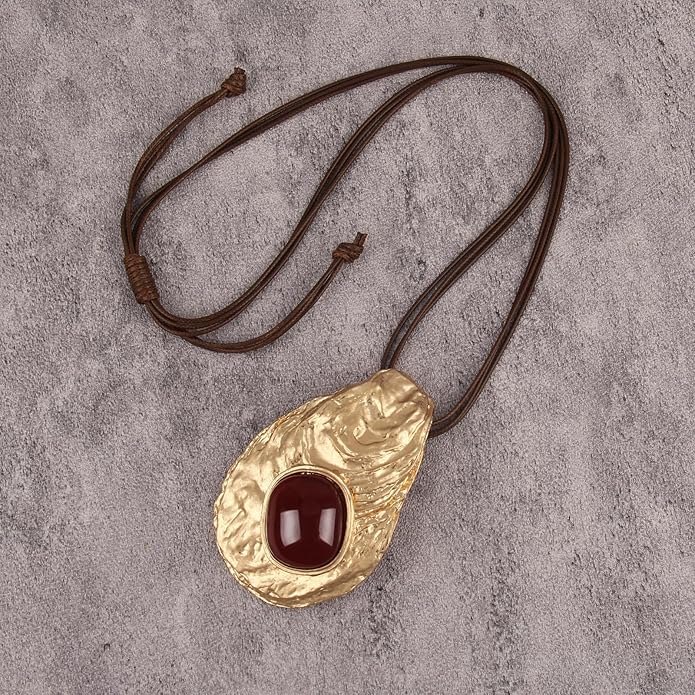 GelConnie Leather Necklace for Women Large Pendant Long Brown Necklace Circle Leather Choker Vintage Sweater Necklace Gold Chunky Boho Necklaces for Women