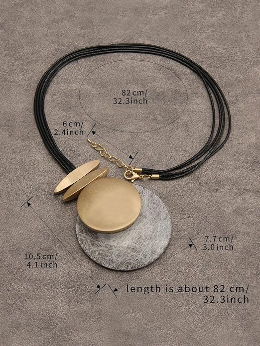 GelConnie Leather Necklace for Women Large Pendant Long Brown Necklace Circle Leather Choker Vintage Sweater Necklace Gold Chunky Boho Necklaces for Women