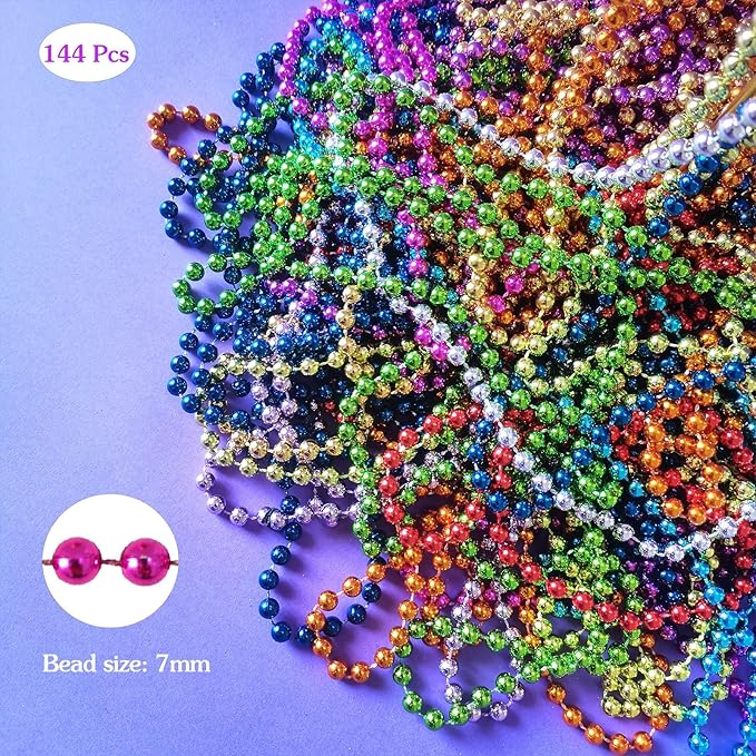 144 Pcs Mardi Gras Beads Necklaces, 12 Color 31.5 Inch 7mm Necklaces For Decorations, Party Favors, Carnivals, Parade
