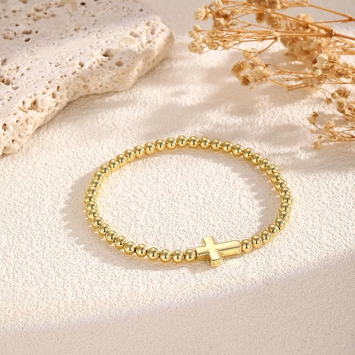 Gold Bracelets for Women, Cute 14K Gold/Silver Plated Stretch Beaded Bracelets for Women Trendy Stackable Charm Bracelet Dainty Adjustable Waterproof Non Tarnish Jewelry Gifts for Her