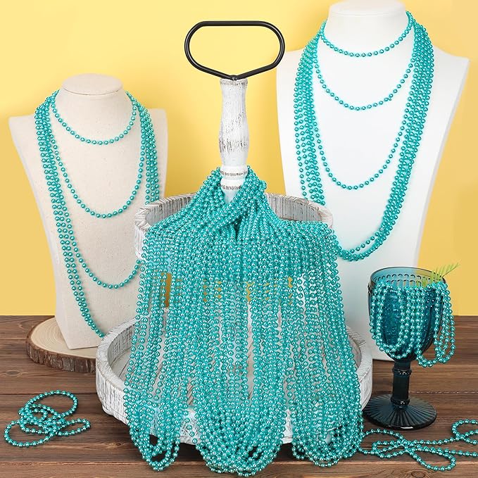 240PCS Mardi Gras Beads, Teal Blue Bead Necklace Party Favors, 33" Mardi Gras Necklace Stuff, Festival Parade Throw Accessories for Wedding Birthday Gender Reveal Party Supplies Decor