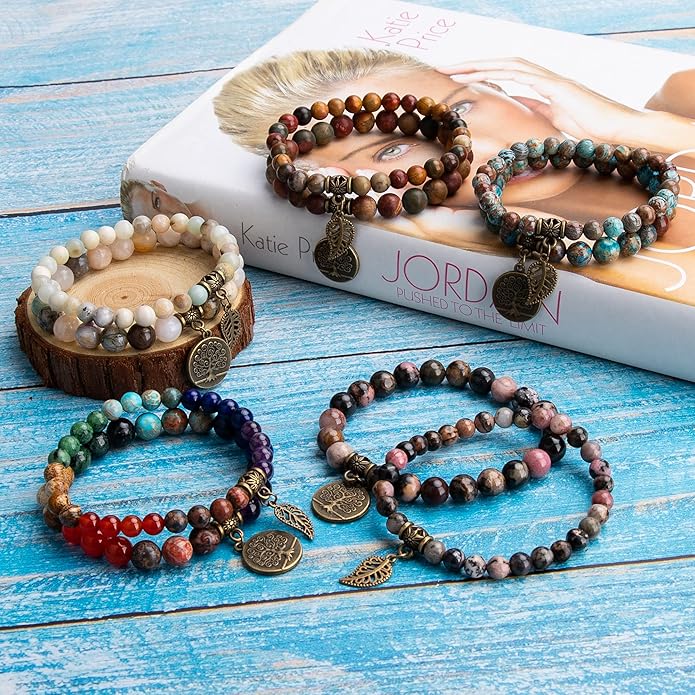 Bivei Natural Semi Precious Gemstone beads bracelet for women - Life Tree and Leaf Charm Energy Reiki Crystal Stretch Bracelets