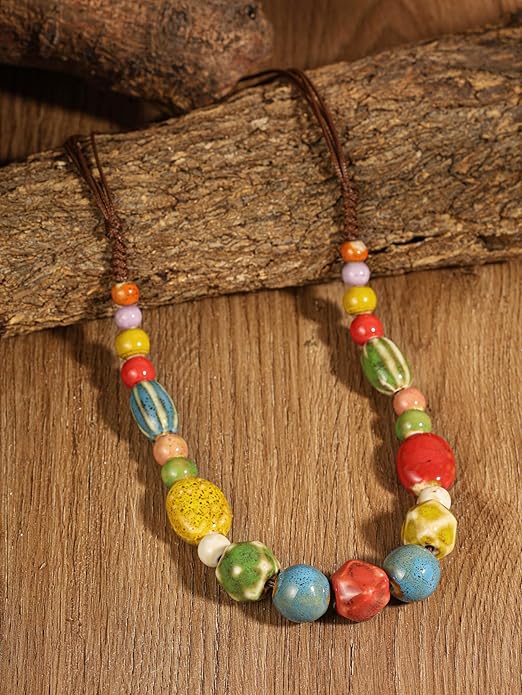 MINACHI Hippie Boho Colorful Ceramic Round Beads Strand Necklace, Bohemian Fashion Statement Jewelry Gift for Women