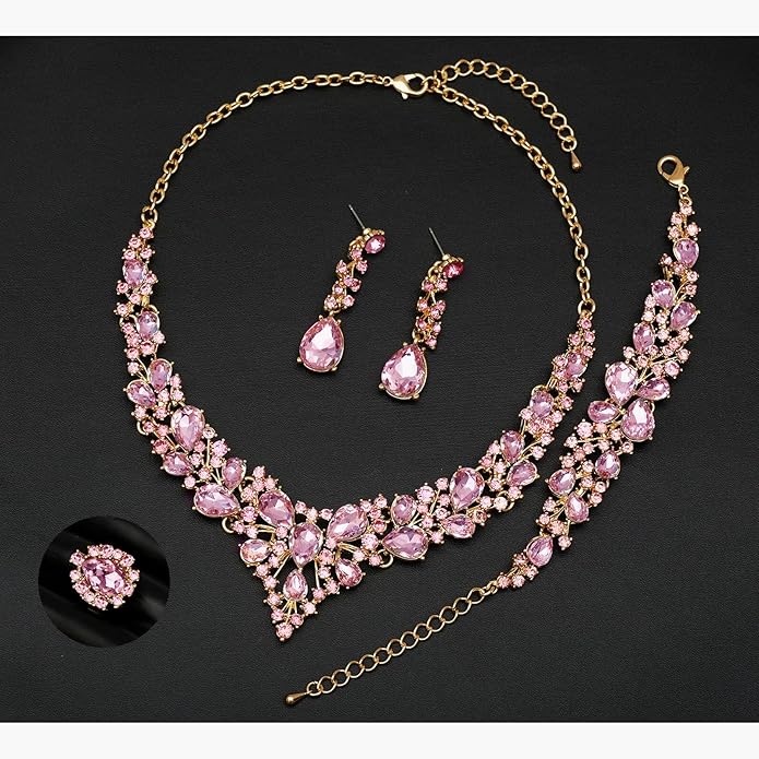 CSY 4 Pcs/Set Austrian Crystal Necklace Earrings Bracelet Ring Bridal Jewelry Sets for Brides Wedding Party Costume Accessories Gifts for Women
