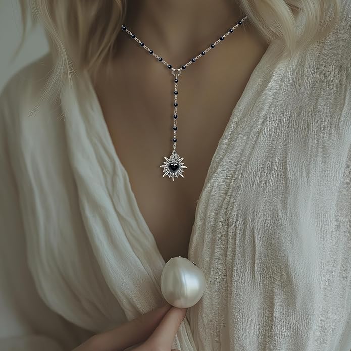 Black Stylish Gothic Necklace, Layered Beads Sun Necklace for Women, Black Bead Onyx Necklace, Goth Jewelry for Biker, Hiphop Punk Style for Women, Teenage