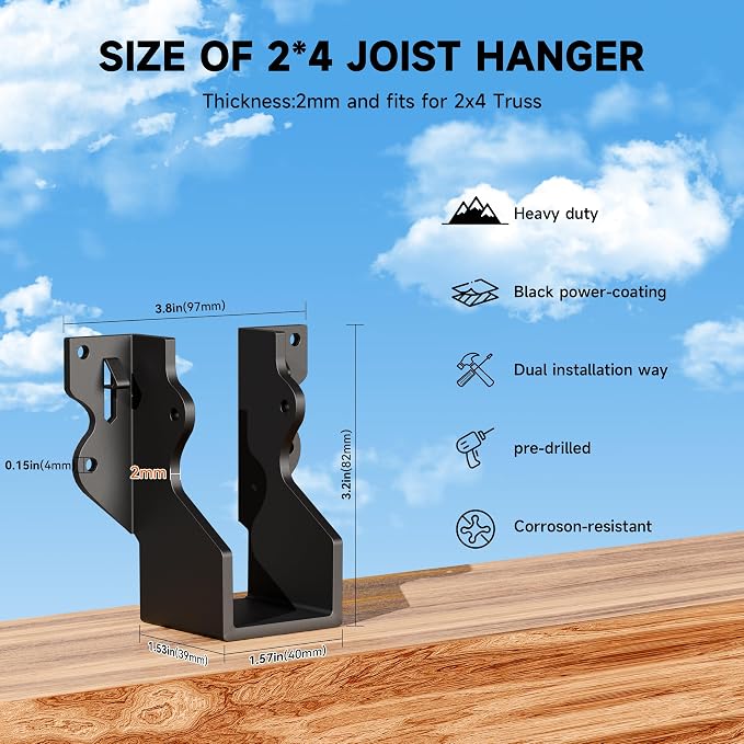 Black 2X4 Joist Hanger Heavy Duty 14 Gauge LU24 Black Face Mount Joist Hangers - Image 5