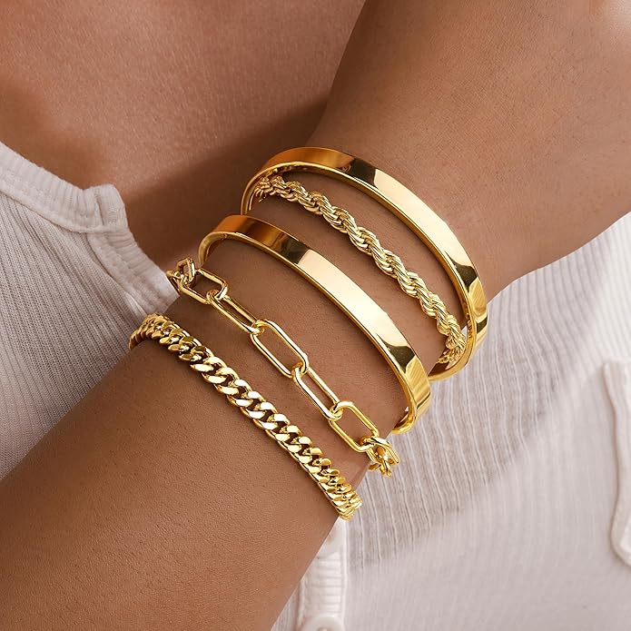 Gold Bracelets Set for Women Non Tarnish, 14K Gold Plated Sterling Silver Chunky Cuff Bracelet Stackable Gold Bangles Bracelet for Women Trendy Fashion Accessories Tie Knot Cuban Rope Paperclip Beaded Bracelet Stack Jewelry Valentines Day Gifts