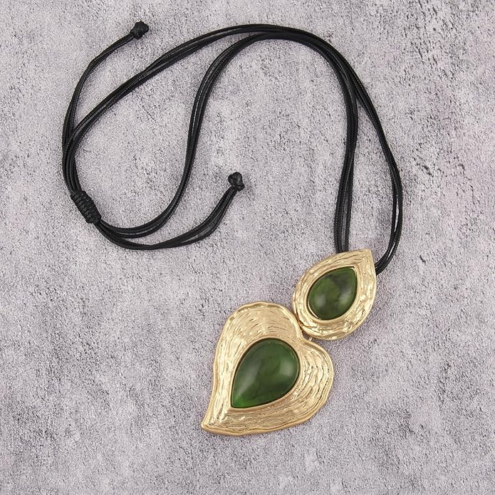 GelConnie Leather Necklace for Women Large Pendant Long Brown Necklace Circle Leather Choker Vintage Sweater Necklace Gold Chunky Boho Necklaces for Women
