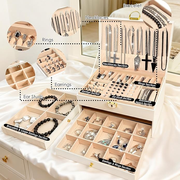 SMUOBT Jewelry Box with Jewelry Set for Women Men - Large Multi-Layer Jewelry Organizer Storage Case with Drawers, Necklace Bracelet Hoop/Stud Earrings Rings Gift Set for Her Him, Unique Birthday Party Gift (Gold/Black Silver)