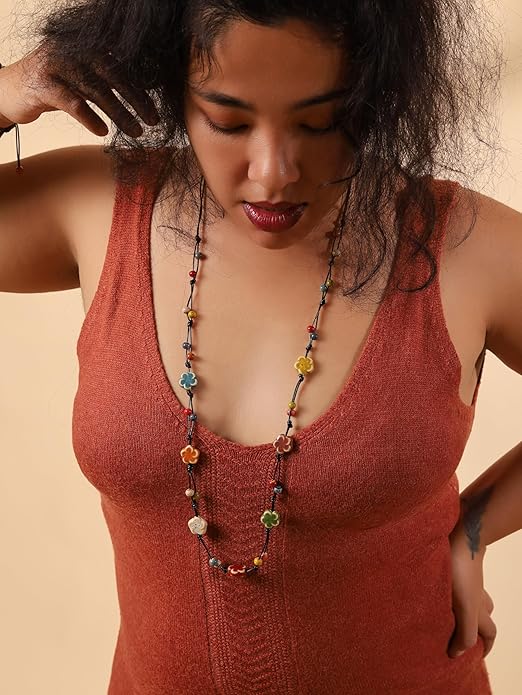 MINACHI Hippie Bohemian Colorful Ceramic Bead Long Strand Necklace, Boho Hippie Beach Summer Statement Jewelry Gift for Women