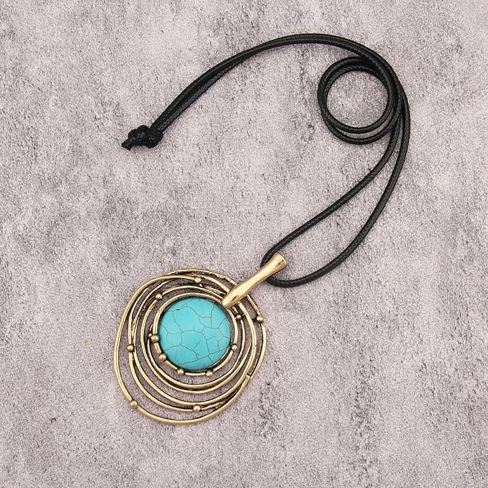Boho Leather Necklace Women Bohemian Brown Circle Pendant Necklace Choker Long Necklaces for Women Boho Ring Large Pendant