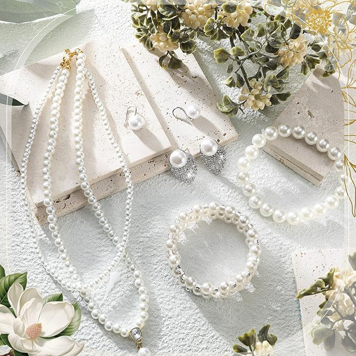 Glenmal Pearl Rhinestone Jewelry Set for Women Pearl Necklace Bracelet Earrings for Wedding Birthday Bridal Shower Tea Party