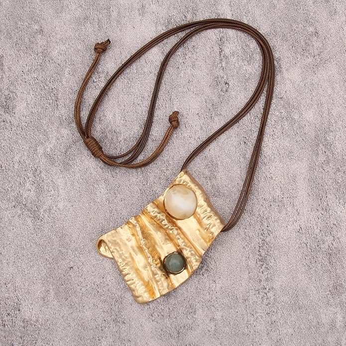 GelConnie Leather Necklace for Women Large Pendant Long Brown Necklace Circle Leather Choker Vintage Sweater Necklace Gold Chunky Boho Necklaces for Women