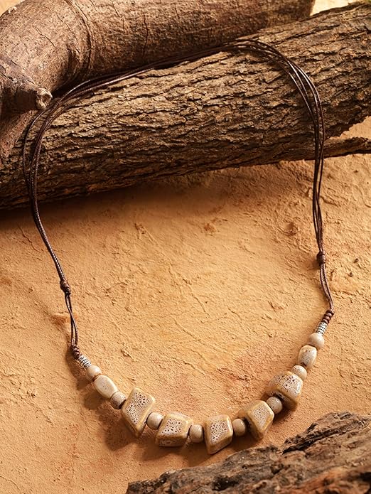 MINACHI Bohemian Hippie Colorful Ceramic Geometric Bead Strand Necklace, Vintage Boho Statement Jewelry Gift for Women