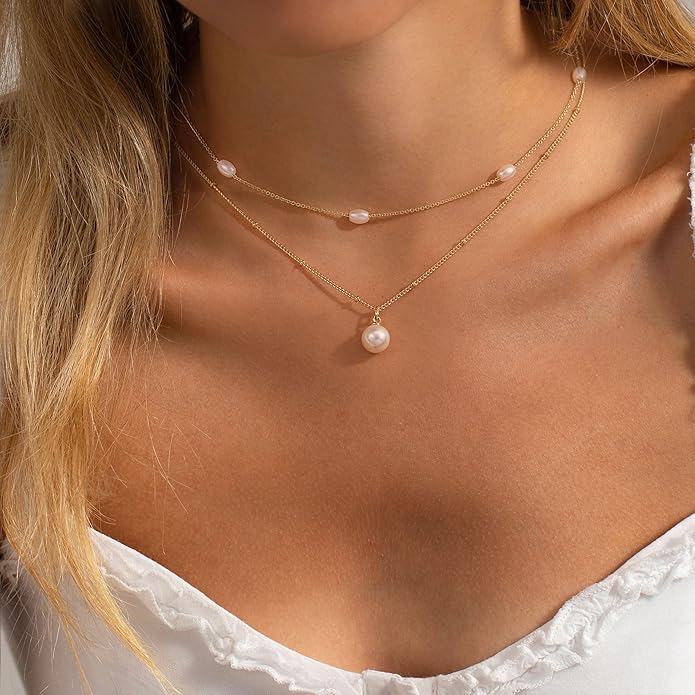 Pearl Necklaces for Women-14k Gold Plated Layered-Single Pearl Necklace Simple Pearl Choker Necklaces for Women Trendy Cute Gold Necklace Jewelry for Women Gifts
