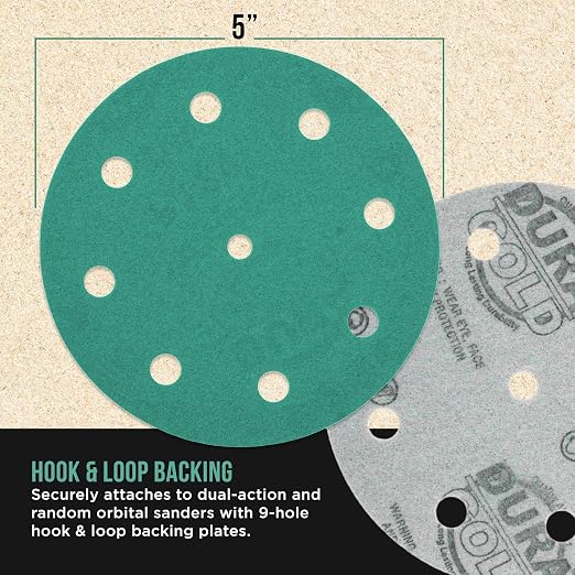 Dura-Gold Premium 120 Grit 5" Green Film Sanding Discs, 9-Hole Pattern - Image 3