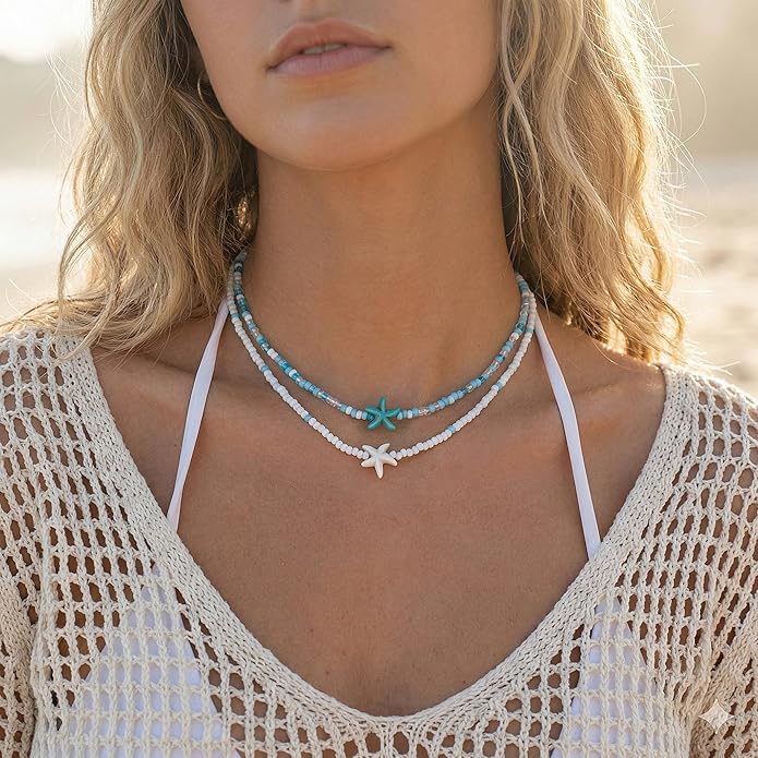 Women's Shell Starfish Boho Layered Beaded Necklace Choker for Summer Beach Vacation Gifts for Birthday/Anniversary/Christmas