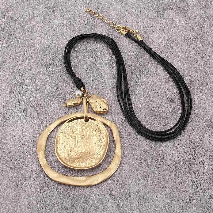 GelConnie Leather Necklace for Women Large Pendant Long Brown Necklace Circle Leather Choker Vintage Sweater Necklace Gold Chunky Boho Necklaces for Women