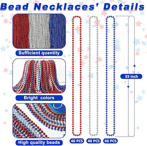 120 PCS 4th of July Necklace, 33" Red Silver Blue Metallic Beaded Necklaces, Independence Day Party Accessories Patriotic Bead Necklace for Memorial Day Fourth of July Parades Party Supplies