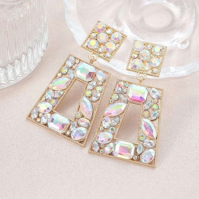 Rhinestone Rectangle Statement Earrings Colorful Crystal Geometric Drop Dangle Earrings for Women Prom Party