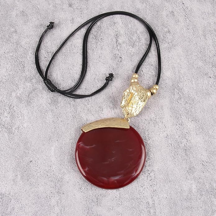 GelConnie Leather Necklace for Women Large Pendant Long Brown Necklace Circle Leather Choker Vintage Sweater Necklace Gold Chunky Boho Necklaces for Women