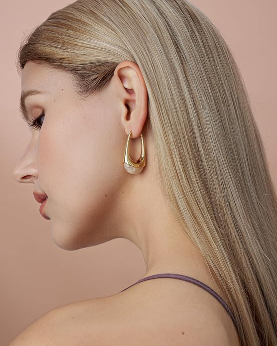Long Oval Chunky Dangle 18K gold plated Hoops with Colored Resin Gemstone Statement Earrings for Women by SNGIA, (Green, Brown, Blue, Pink, White, Cream), Bold Drop Handmade Exaggerated Irregular Trendy Bohemian Jewelry Gifts, Unique Dangling Teardrop ...