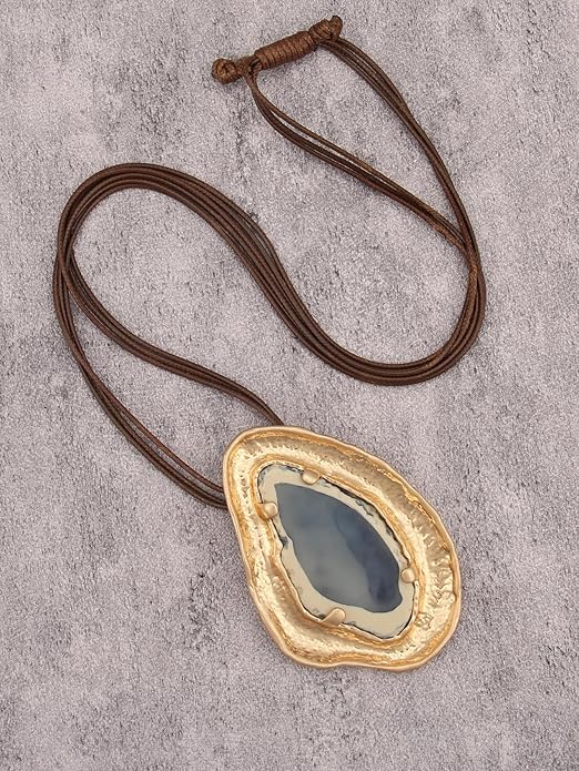 GelConnie Leather Necklace for Women Large Pendant Long Brown Necklace Circle Leather Choker Vintage Sweater Necklace Gold Chunky Boho Necklaces for Women