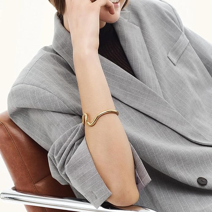 Hey Harper Gold Cuff Bracelet - Bangle Trendy Chunky Non Tarnish Gold Cute Stackable Waterproof Bracelet - Gift for Women - Simple Minimalist Unique Statement Jewelry