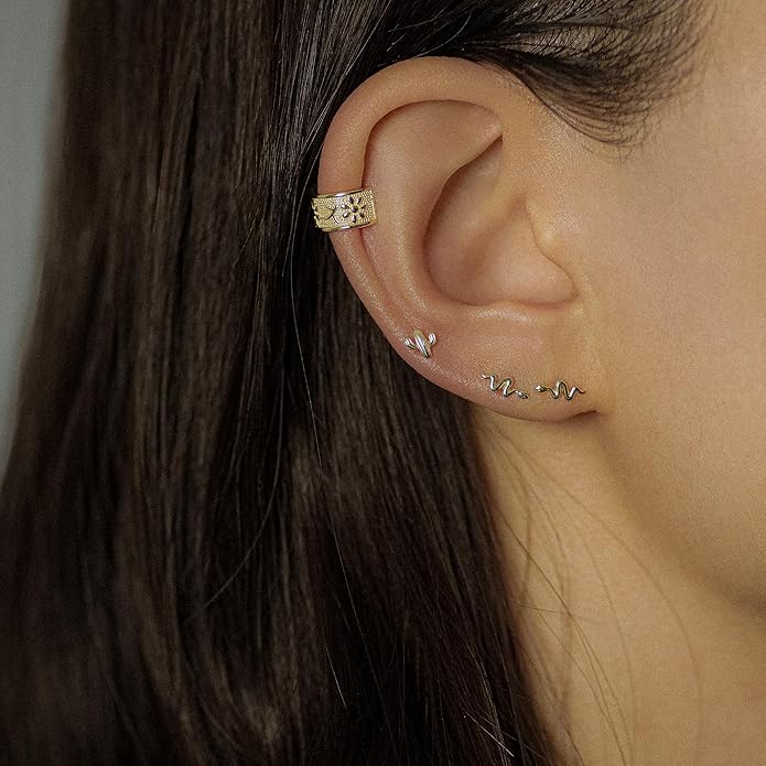 ANYGOLDS 14K Solid Gold Extra Wide Bold Thick Flower Painting Ear Cuff Ring - Golden Cartilage Conch Helix Wrap Earring for Women - Non Piercing Ear Cuff - Perfect Minimalist Design - Sold as a Single