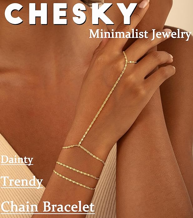 CHESKY 14K Gold Plated Hand Chain Bracelets for Women Set - Dainty Finger Ring Bracelet Stack Adjustable Hand Chains Durable Beaded Bracelets Trendy Simple Body Jewelry Gift for Women