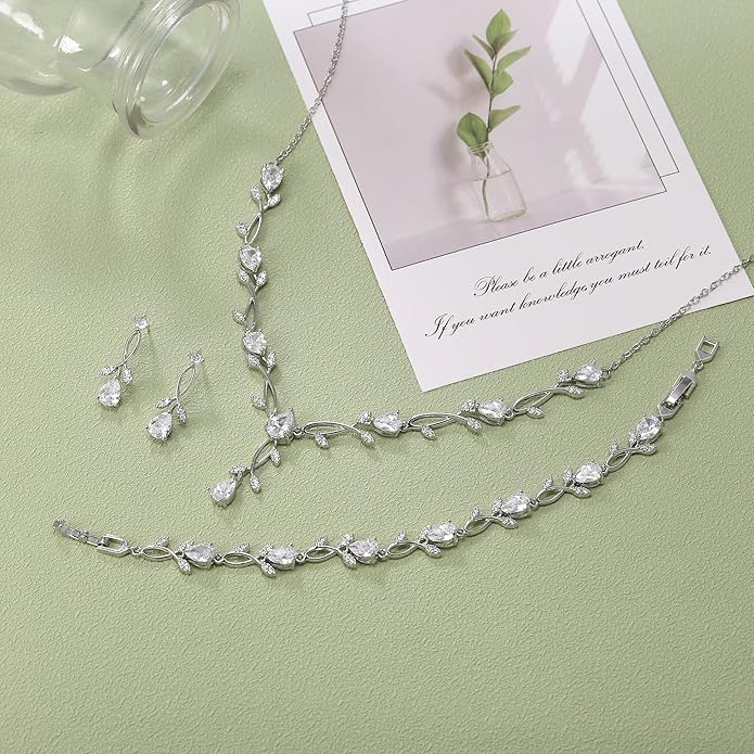 EVER FAITH Bridal Cubic Zirconia Jewelry Sets for Women, White Simulated Pearl Leaf Vine Pendant Wedding Party Necklace Earrings Set for Bridesmaid Bride