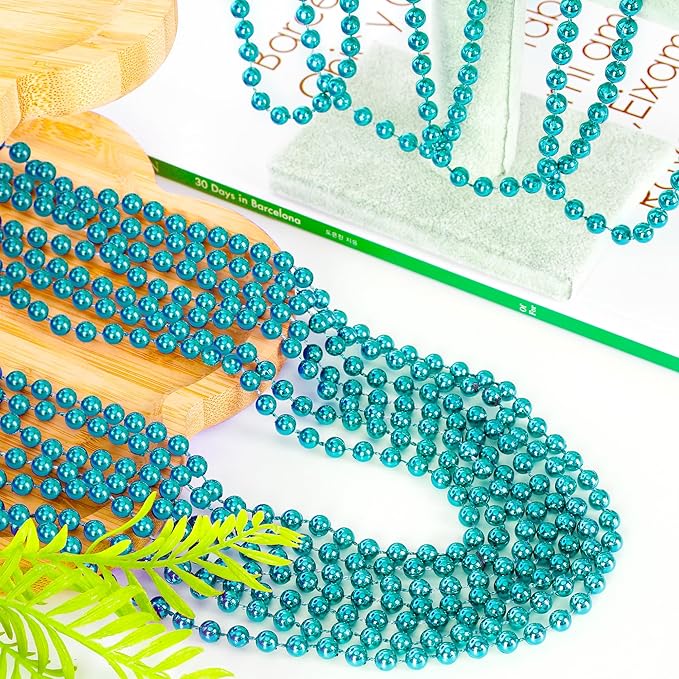 144PCS Mardi Gras Beads, Lake Blue Mardi Gras Rose Necklaces Bulk, Metallic 33" Mardi Gras Round Beaded Necklace Stuff, Festival Parade Throw Accessories Wedding Gender Reveal Party Supplies Decor