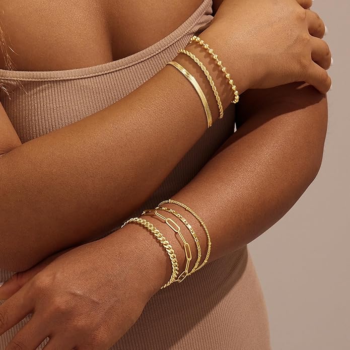Gold Bracelets Set for Women Stack, Dainty Thick Bracelets Stack for Women Trendy, Simple Thin Gold Plated Cuff Stackable Bracelets With Beaded Cuban Paperclip Snake Rope Bangle Hand Chain Jewelry Gifts for Women Non Tainish