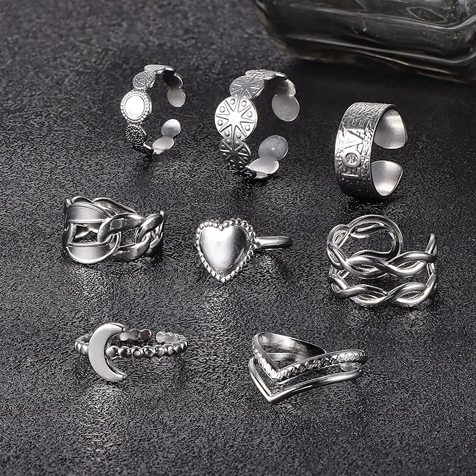 LOLIAS 16Pcs Stackable Stainless Steel Rings for Women Chunky Silver Rings Non Tarnish Ring Open Adjustable Thumb Finger Statement Ring Set