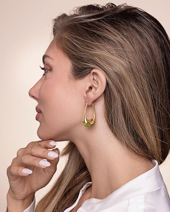 Long Oval Chunky Dangle 18K gold plated Hoops with Colored Resin Gemstone Statement Earrings for Women by SNGIA, (Green, Brown, Blue, Pink, White, Cream), Bold Drop Handmade Exaggerated Irregular Trendy Bohemian Jewelry Gifts, Unique Dangling Teardrop ...