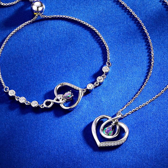 AGVANA Valentines Day Gifts Heart Birthstone Bracelets for Women Sterling Silver Genuine or Created Gemstone Tennis Bracelet Infinity Love Jewelry Anniversary Birthday Gifts for Wife Mom Women
