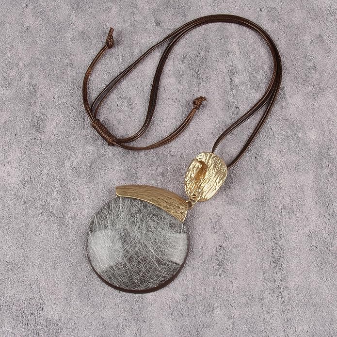 Boho Leather Necklace Women Bohemian Brown Circle Pendant Necklace Choker Long Necklaces for Women Boho Ring Large Pendant