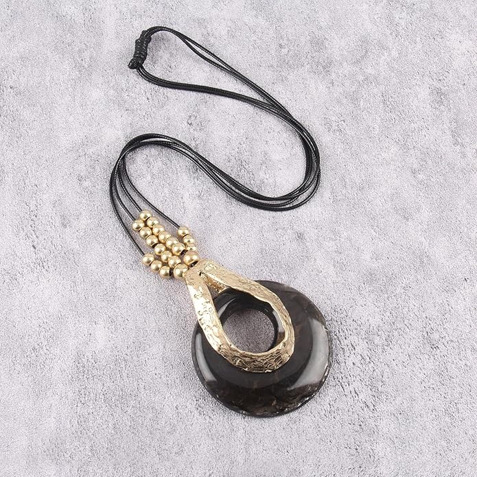 GelConnie Leather Necklace for Women Large Pendant Long Brown Necklace Circle Leather Choker Vintage Sweater Necklace Gold Chunky Boho Necklaces for Women