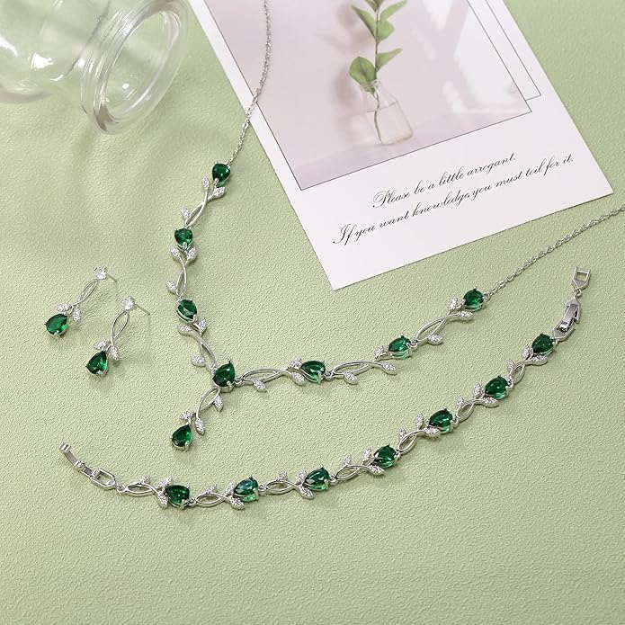 EVER FAITH Bridal Cubic Zirconia Jewelry Sets for Women, White Simulated Pearl Leaf Vine Pendant Wedding Party Necklace Earrings Set for Bridesmaid Bride
